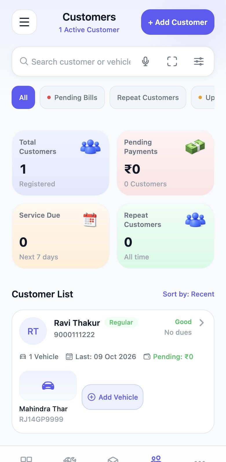 Customer list with pending bills, service due, and vehicle insights