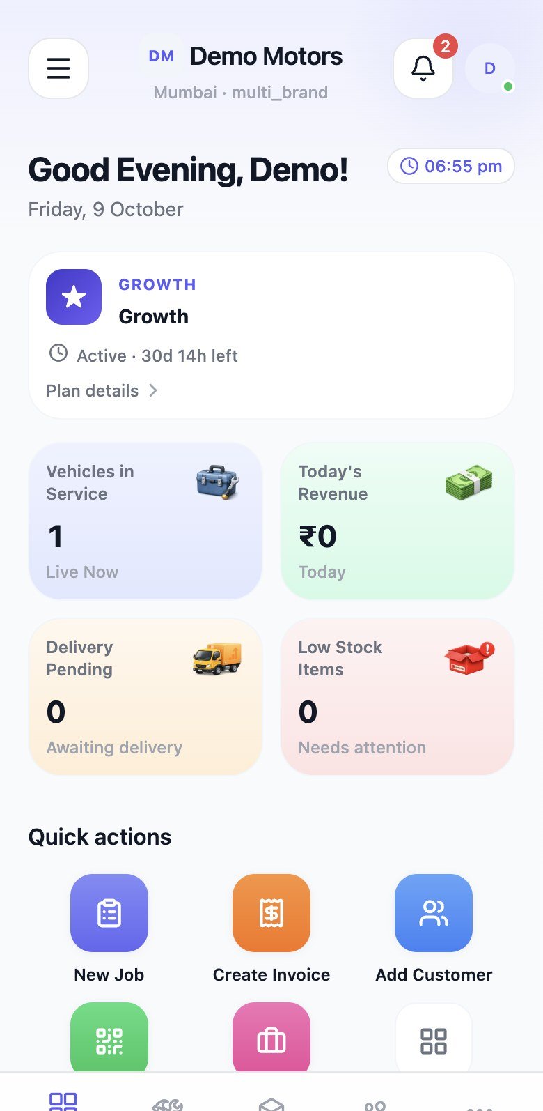 GearPhy dashboard with workshop overview, quick actions, and live jobs