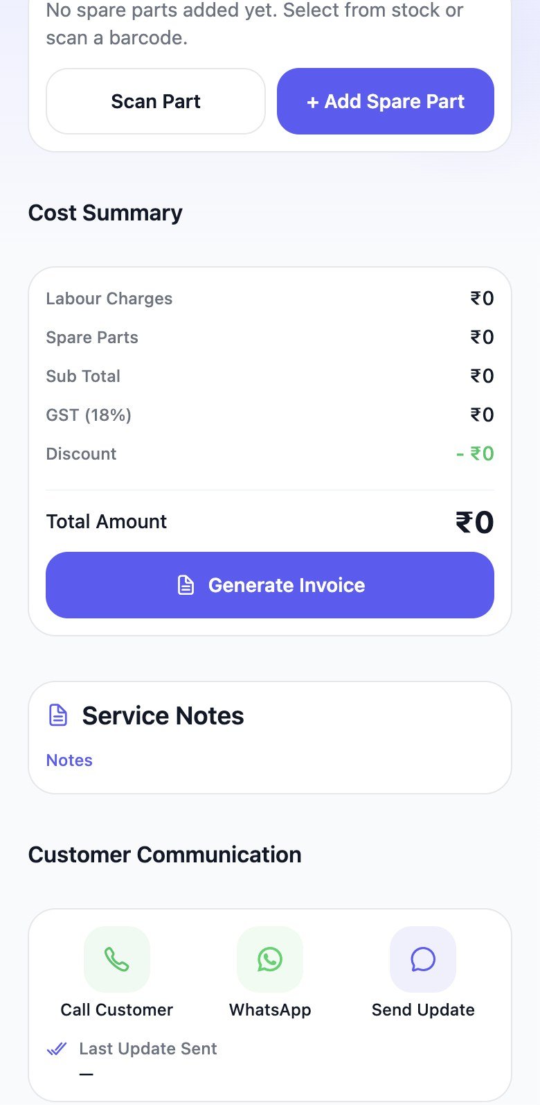 Job cost summary with spare parts used and generate invoice