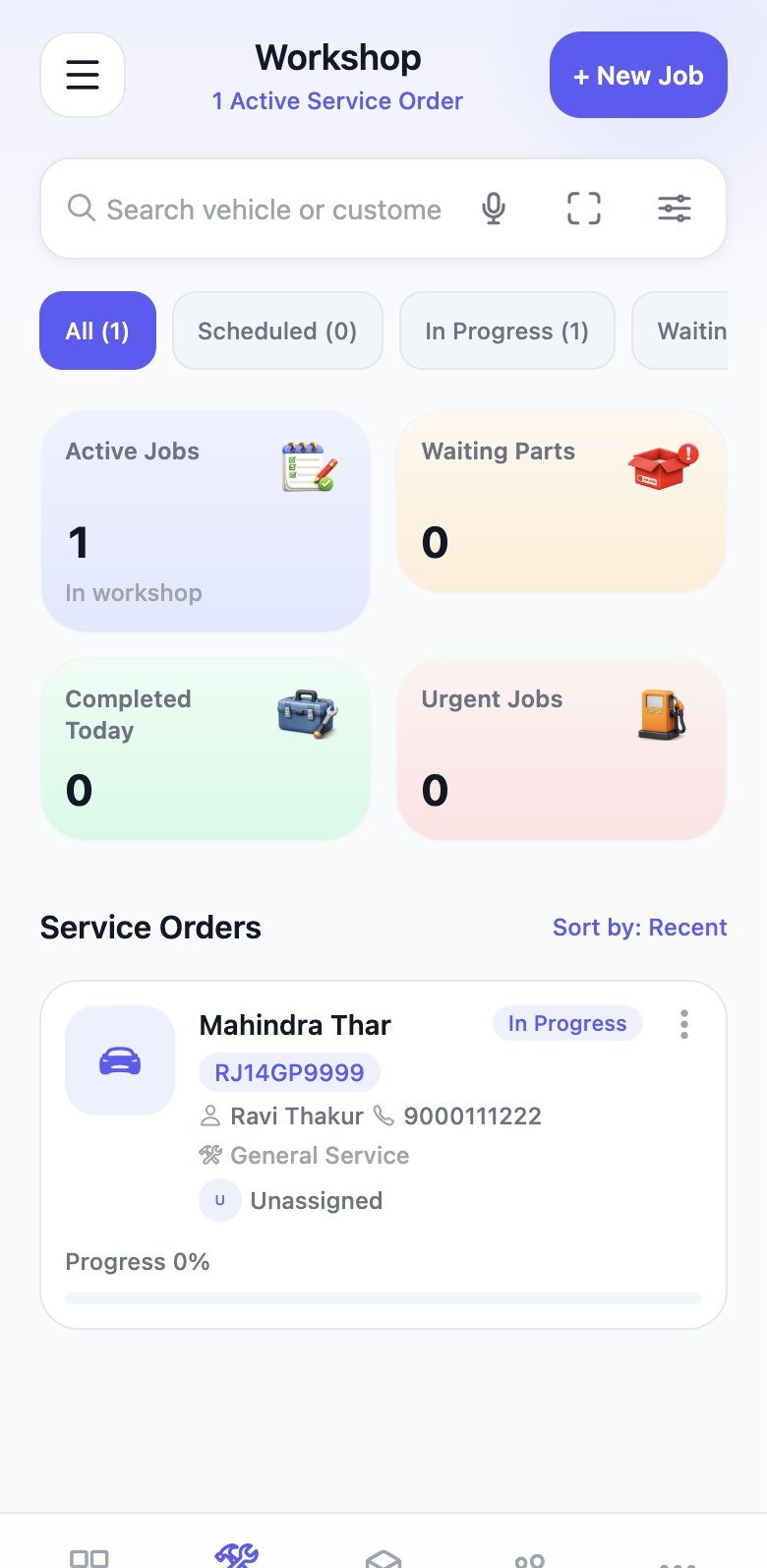 Workshop jobs list with active orders, search, and progress